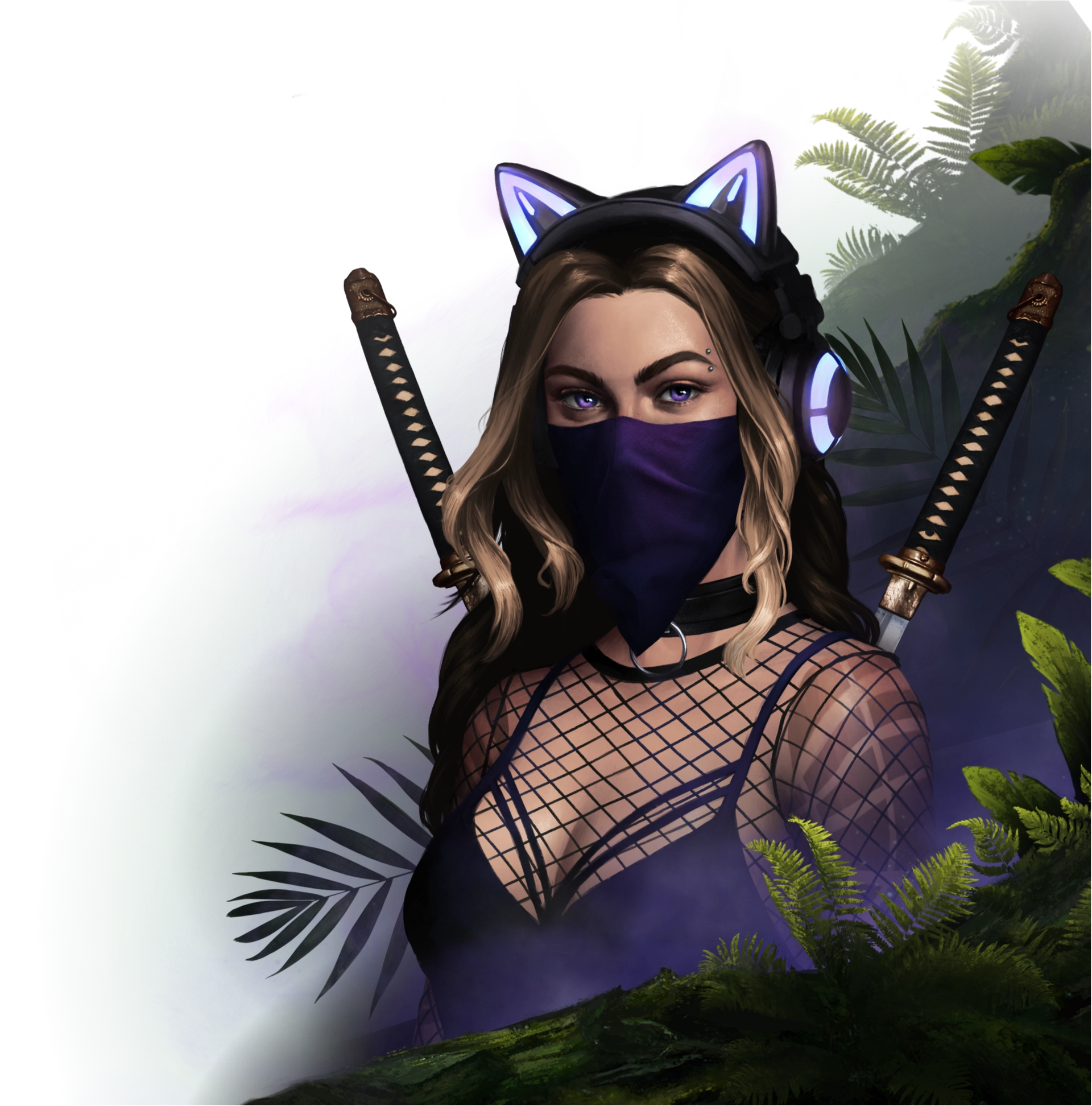 Animated female character carrying swords, and wearing a mask, glowing cat ears and headphones, and a mesh top